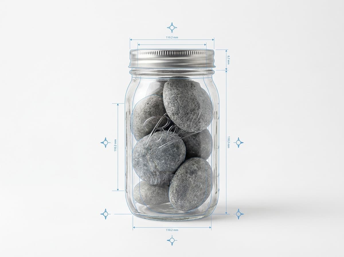Mason jar filled with large rocks, with blueprint measurement markings
