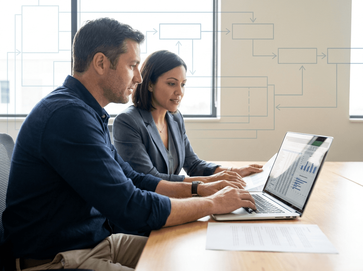 Two colleagues working together at a laptop, a blueprint process flow drawn in blue across the wall behind them