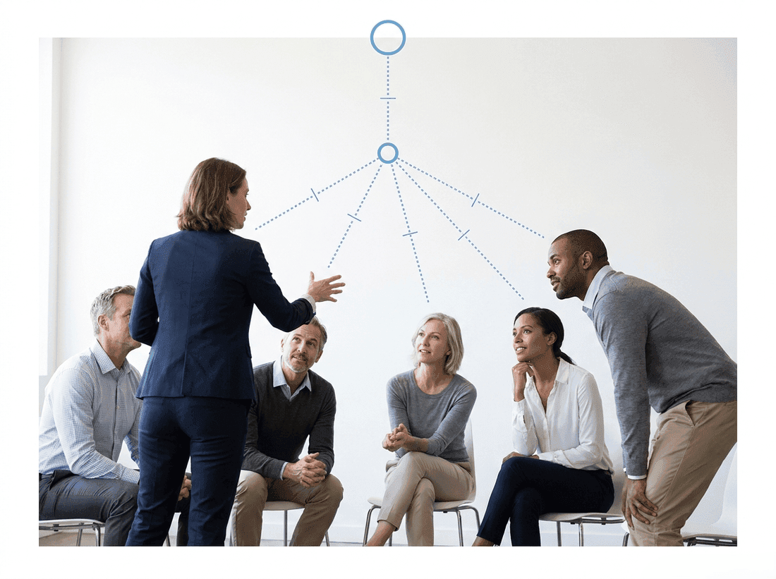 A coach facilitating a small, diverse group seated in a half-circle, with a light-blue blueprint of dotted paths converging on a single waypoint above them, in Ascent blueprint style.