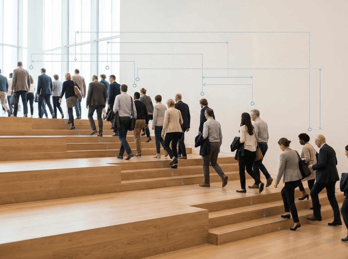 People moving through an open stairway