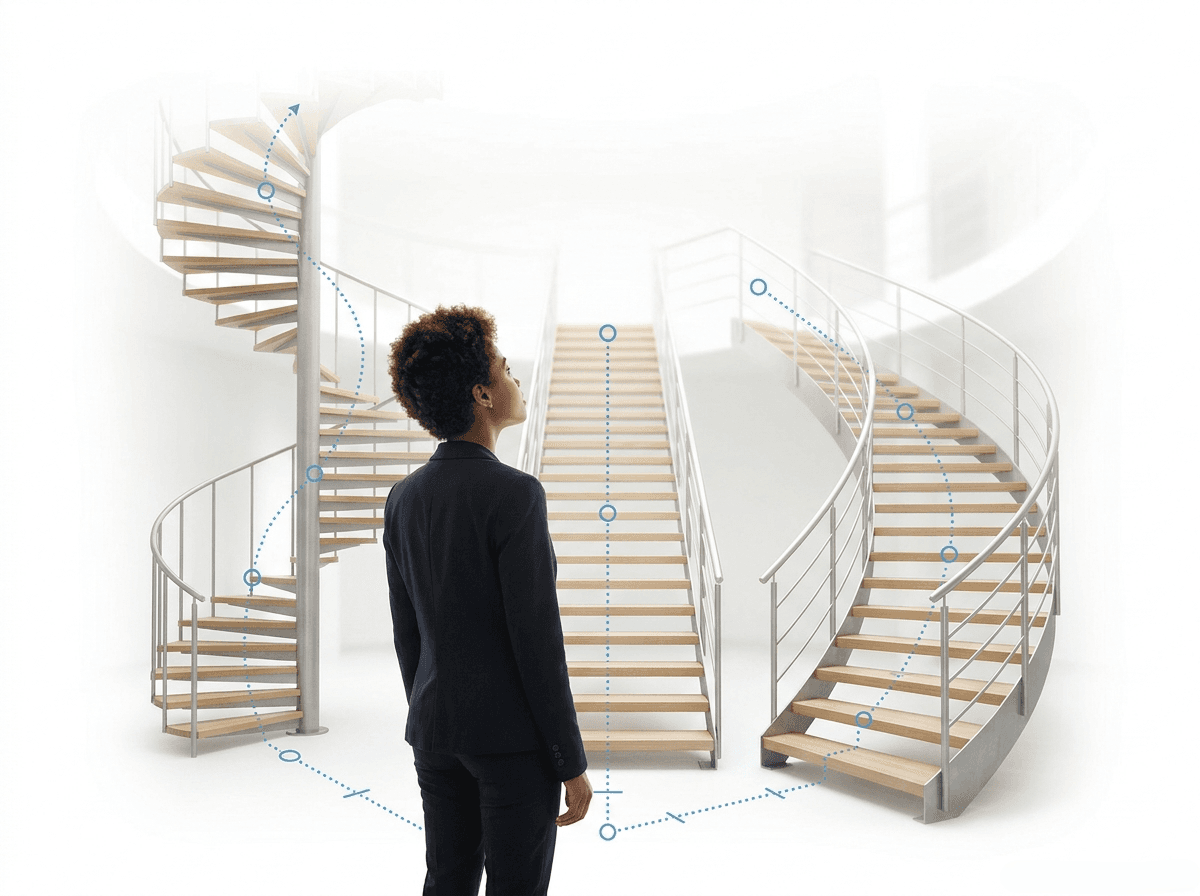 A person considering several staircases
