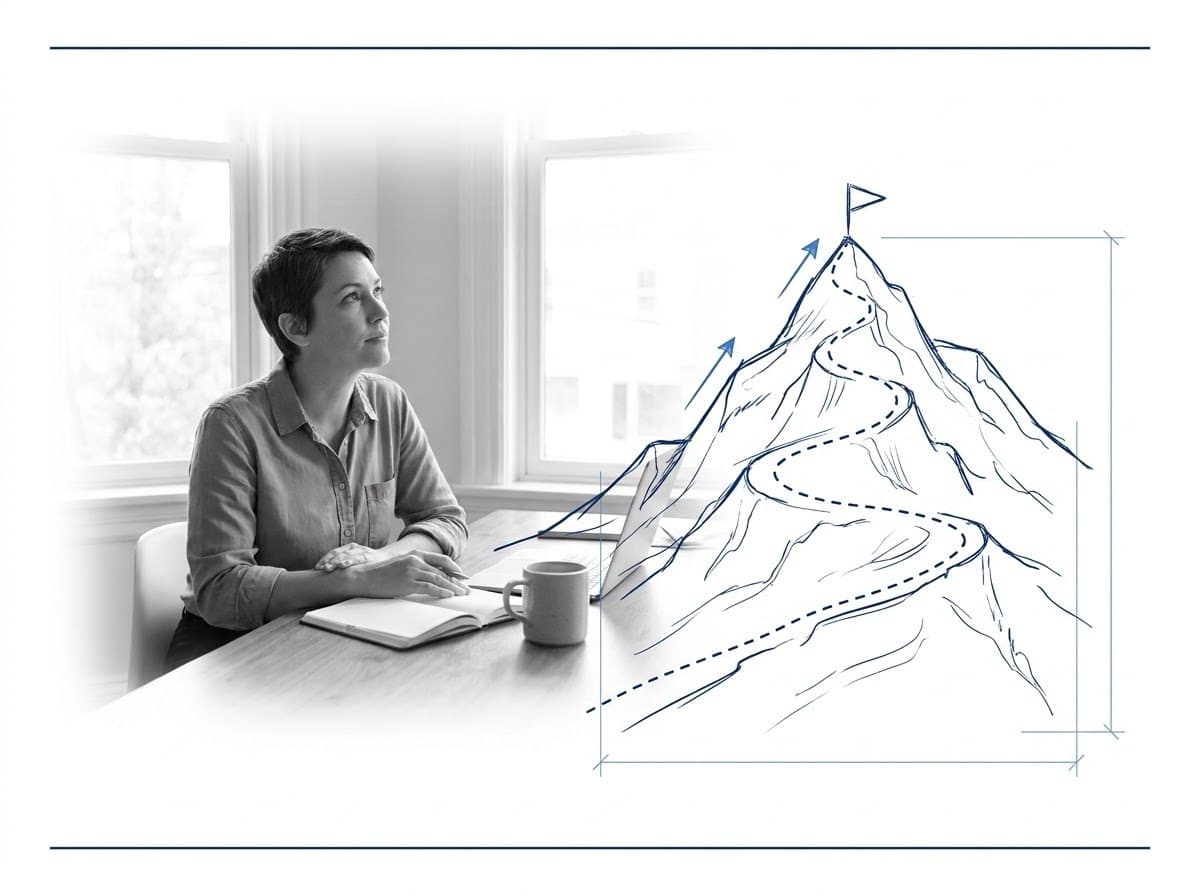 A professional at a desk looking out a window, with a hand-drawn blueprint mountain and a dashed summit path sketched over the view