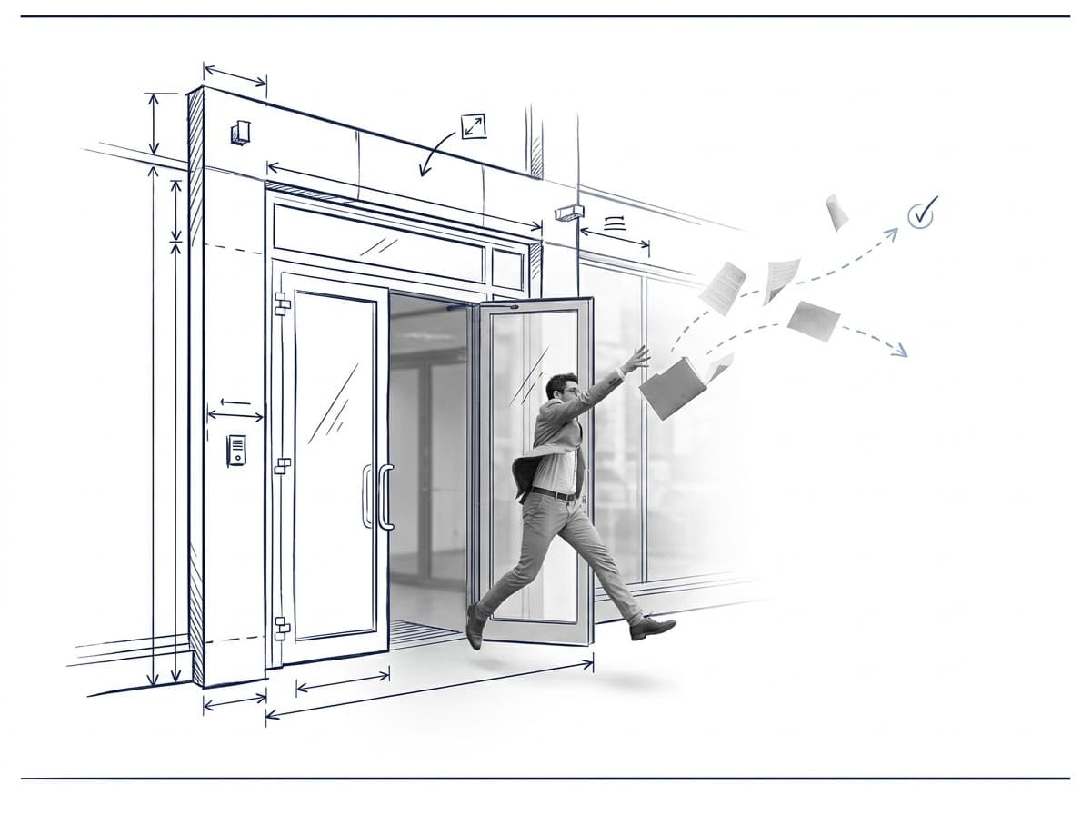 An executive leaping out through an office building's front double doors, tossing a folder of papers into the air, in Ascent blueprint style.