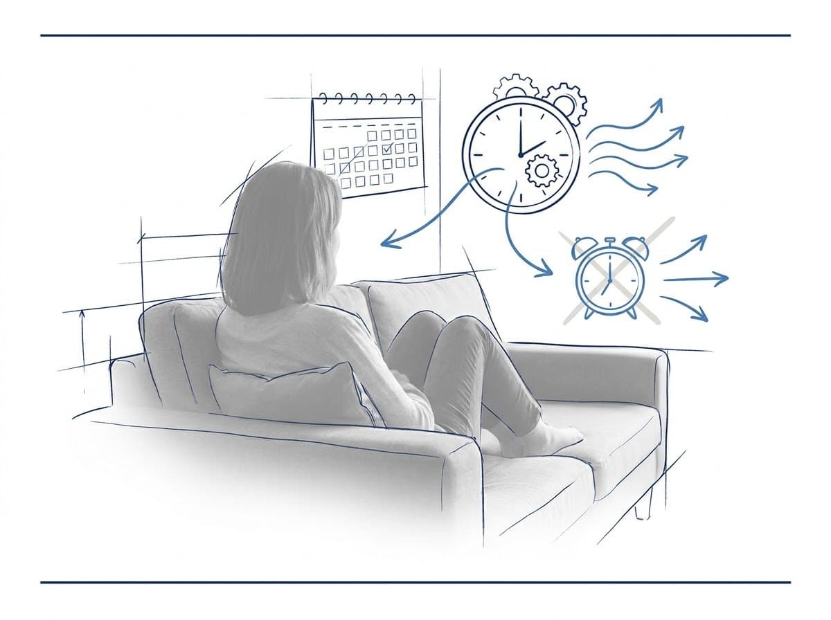 A person relaxing on a couch in a grey blueprint sketch, with a calendar, a clock, and a crossed-out alarm clock, the tension drifting away