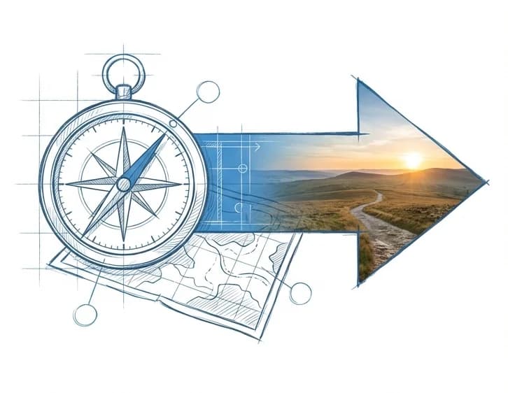A compass resting on a map, a route marked across it