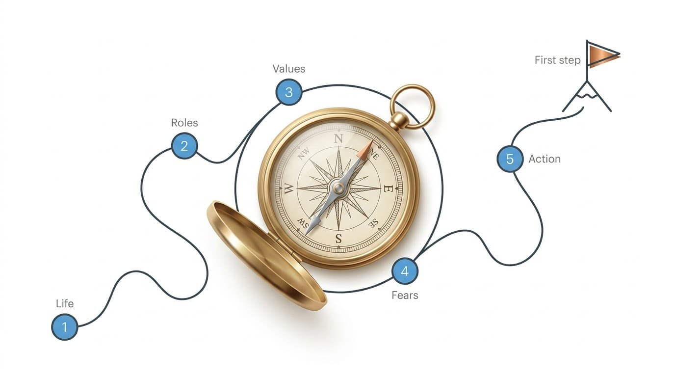 Closing figure: a gold compass with a winding trail through five numbered waypoints for Life, Roles, Values, Fears, and Action, ending at a copper flag reading First step.