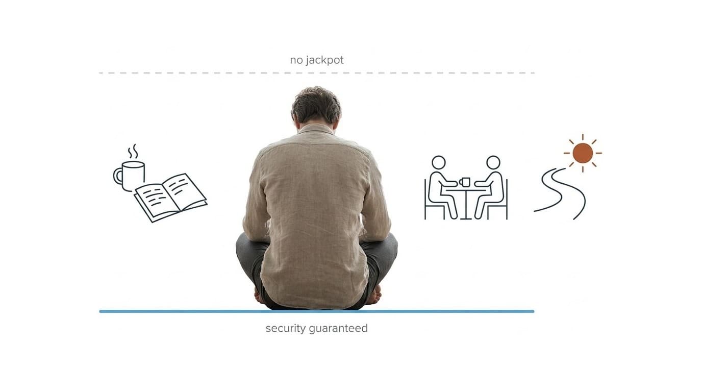 Stage one figure: a seated man seen from behind, between a solid blue line reading "security guaranteed" and a dashed line reading "no jackpot", with small icons for reading, connection, and a winding path.