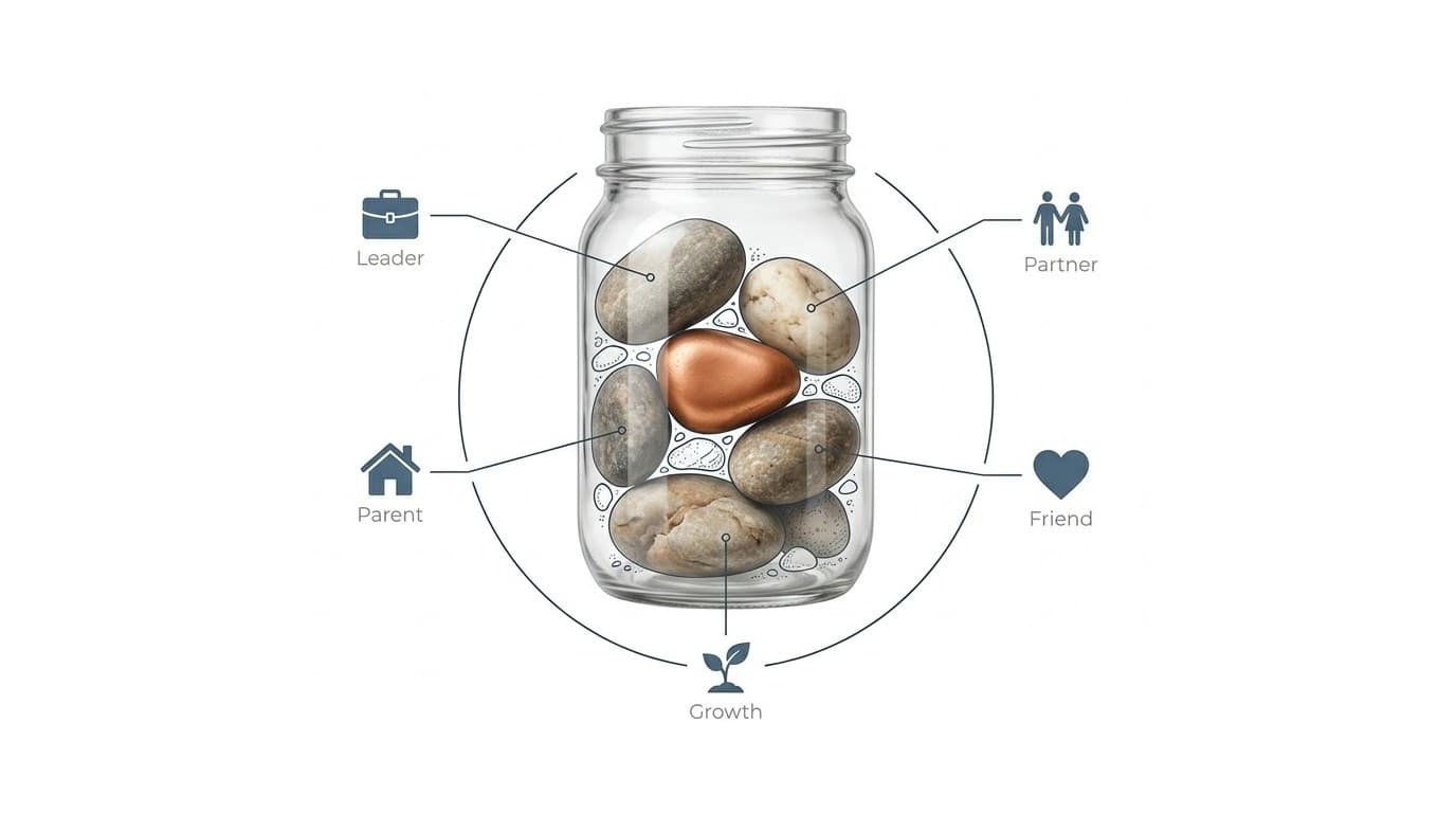 Stage two figure: a glass jar filled with large rocks, one of them copper, ringed by role icons for Leader, Parent, Partner, Friend, and Growth.
