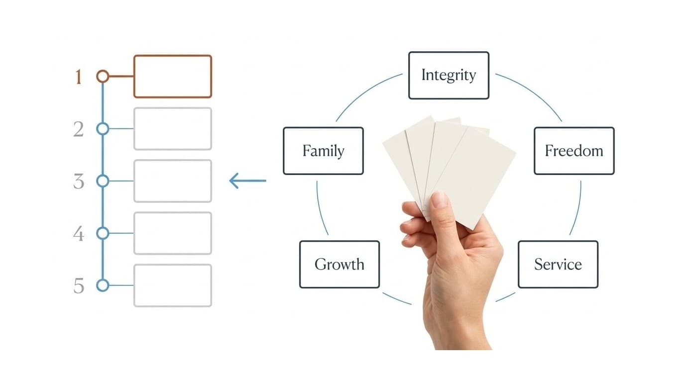 Stage three figure: a hand holding blank cards ringed by value words including Integrity, Freedom, Service, Growth, and Family, beside a numbered one to five ranking column.