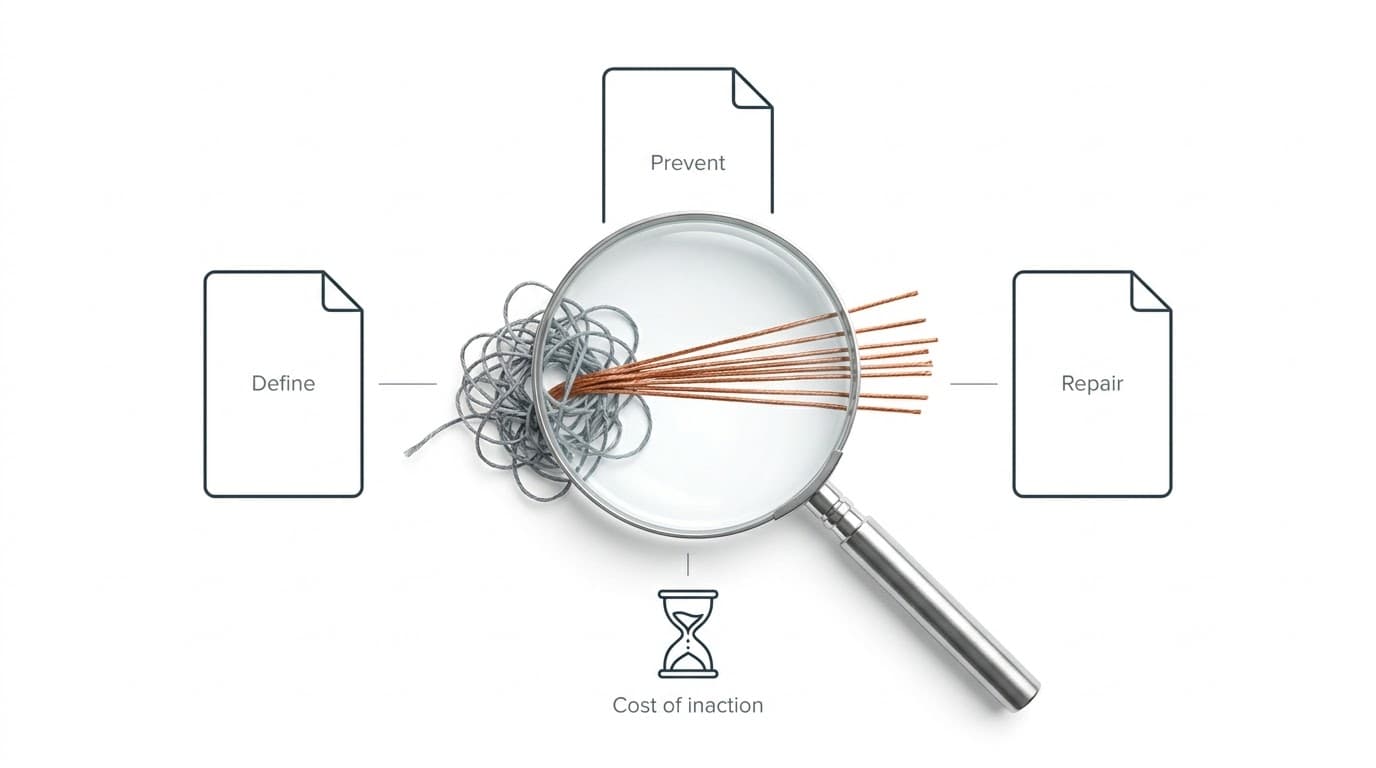 Stage four figure: a magnifying glass over a tangled thread untangling into copper strands, with Define, Prevent, and Repair cards.