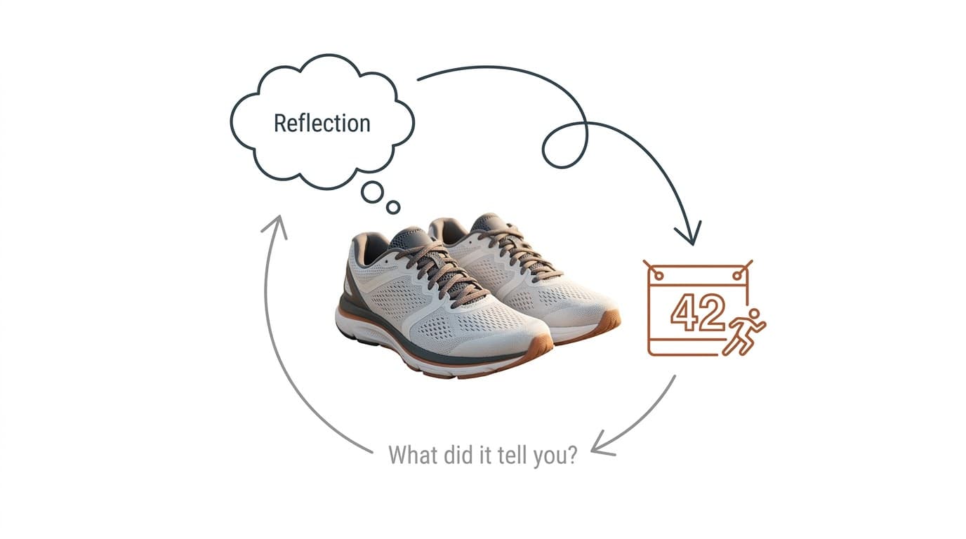 Stage five figure: a pair of running shoes inside a reflection to action to feedback loop.
