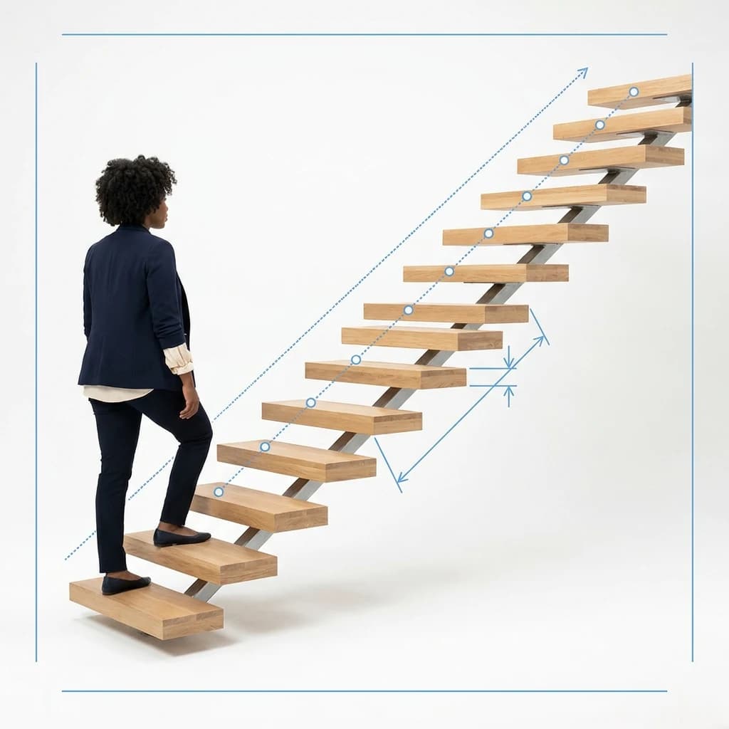 A woman in smart business-casual climbing a modern floating staircase, with a light blue blueprint route and measurement marks drawn over it