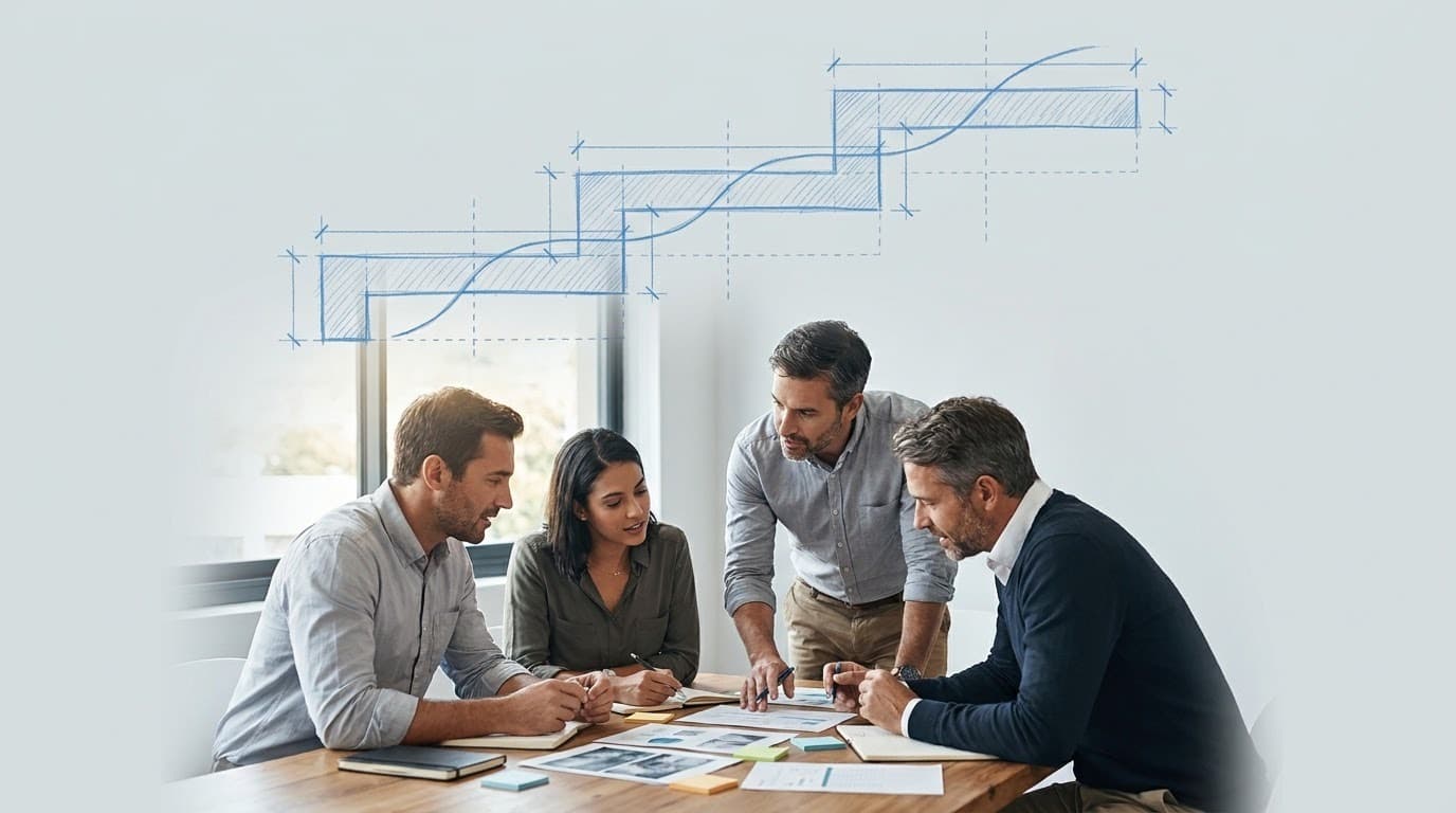 A facilitator working through an exercise with a leadership team, three blueprint tiers sketched in blue above them