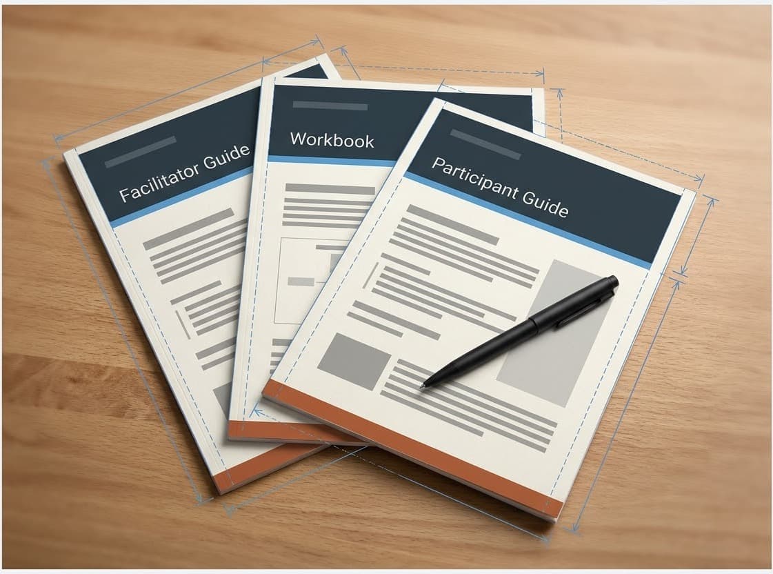 Overhead mockup of an overlapping participant guide, workbook, and facilitator guide with blue alignment marks