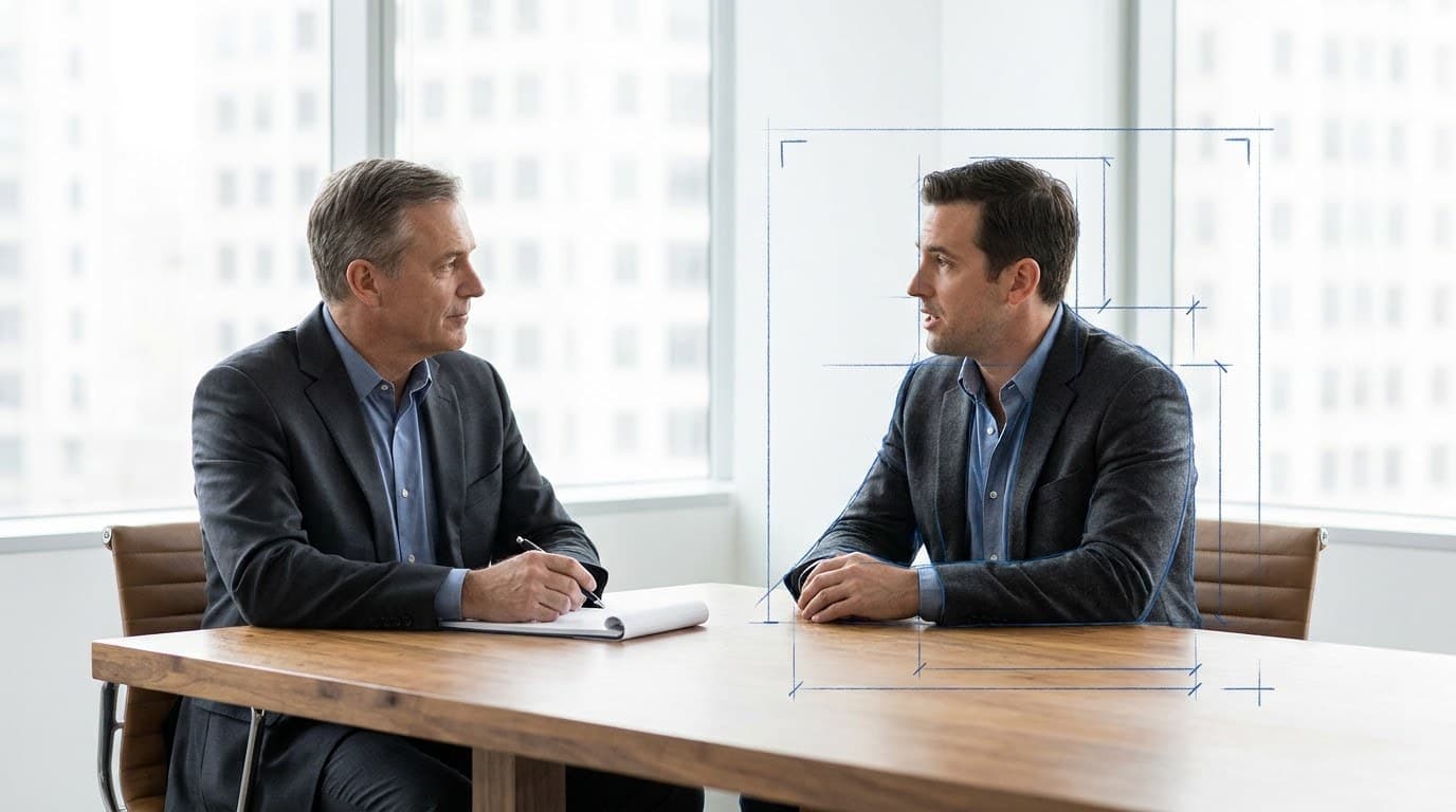 An executive interviewer listens to a candidate across a table, blueprint measurement marks drawn around the candidate.