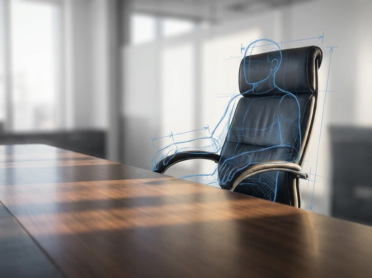 An empty executive chair at a boardroom table with a hand-drawn blueprint sketch of a seated figure.