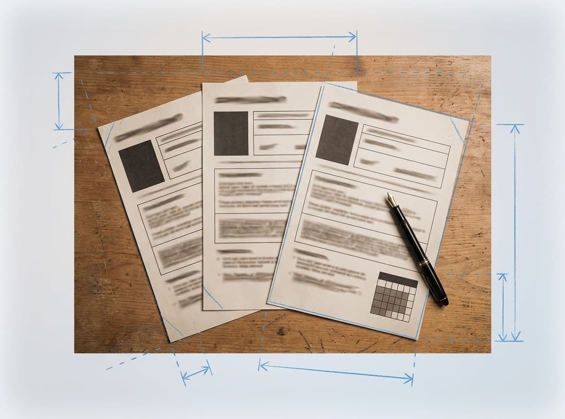 Structured hiring documents on a desk marked with blueprint dimension arrows.