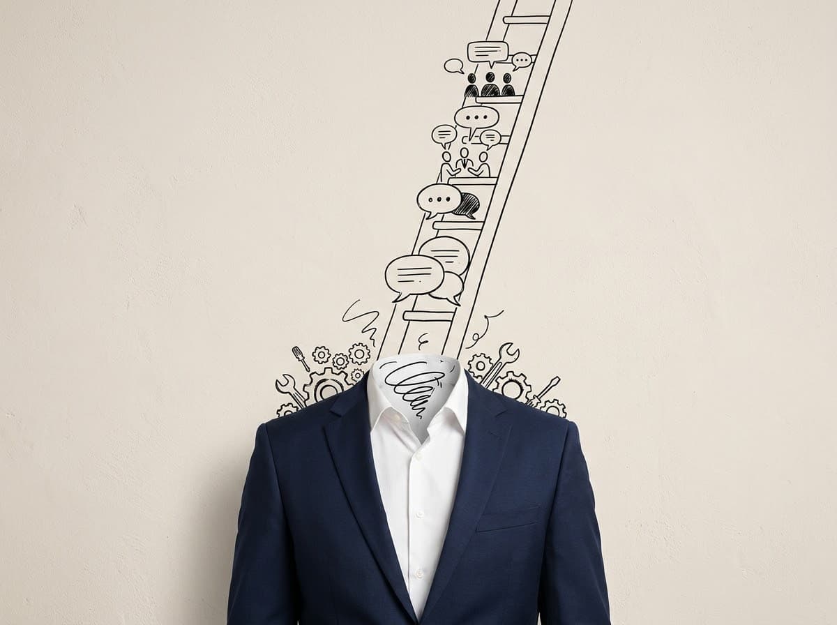 An empty navy suit with a hand-drawn ladder of speech bubbles and gears rising from the collar, showing communication demands increasing as you move up.