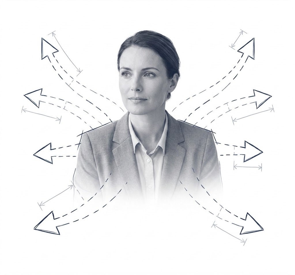 Blueprint-style illustration of a professional looking ahead with dashed paths radiating in many directions, representing feeling lost.