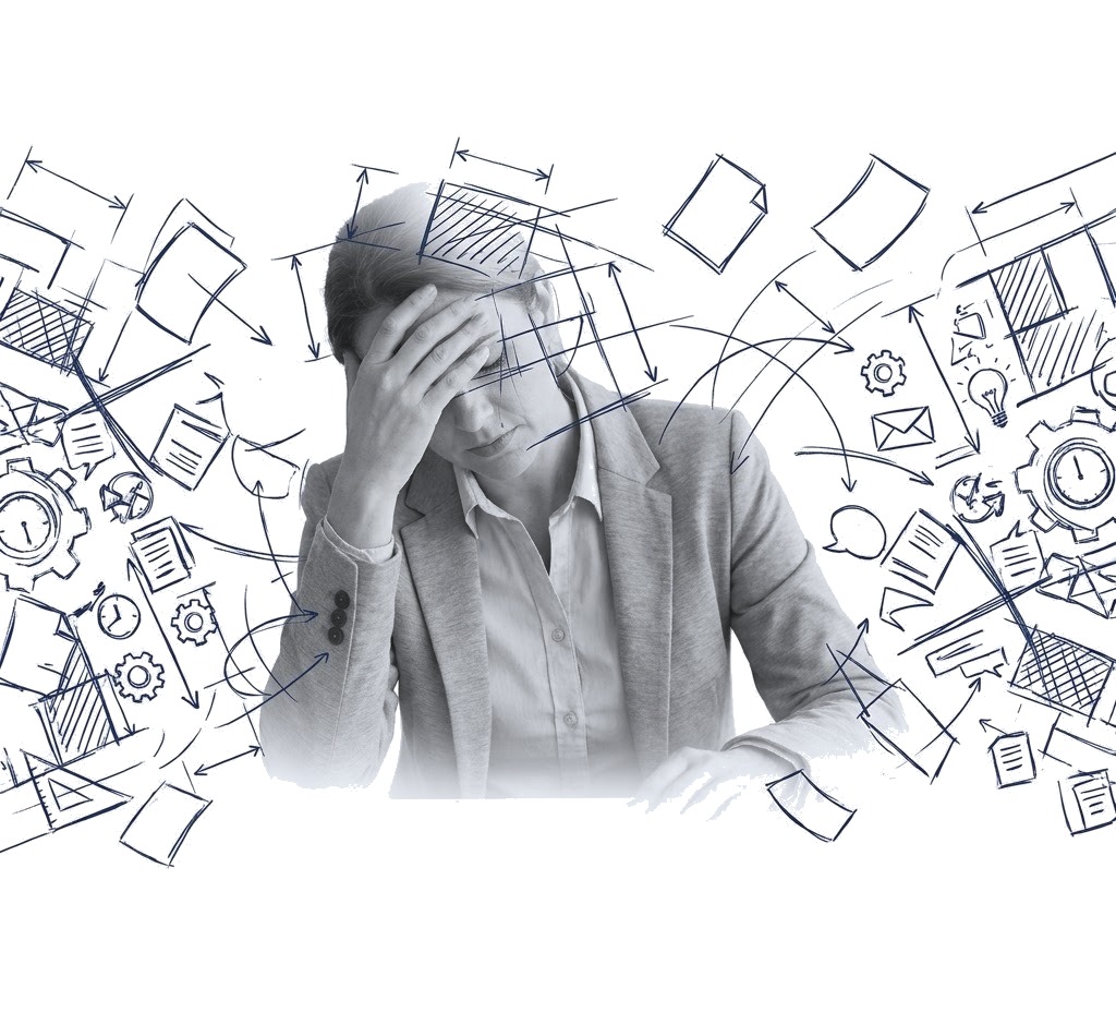 Blueprint-style illustration of a professional with a hand to the head surrounded by too many tasks, representing feeling overwhelmed.