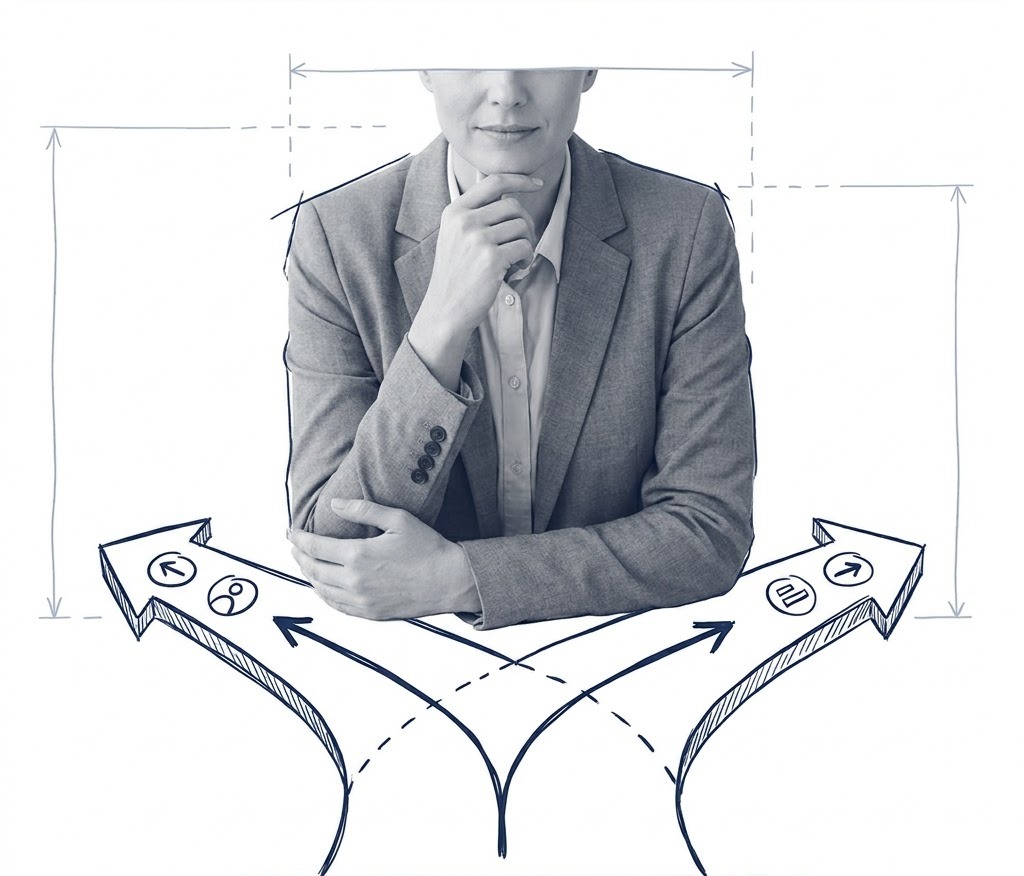 Blueprint-style illustration of a professional at a fork in the path weighing two directions, representing feeling unsure.
