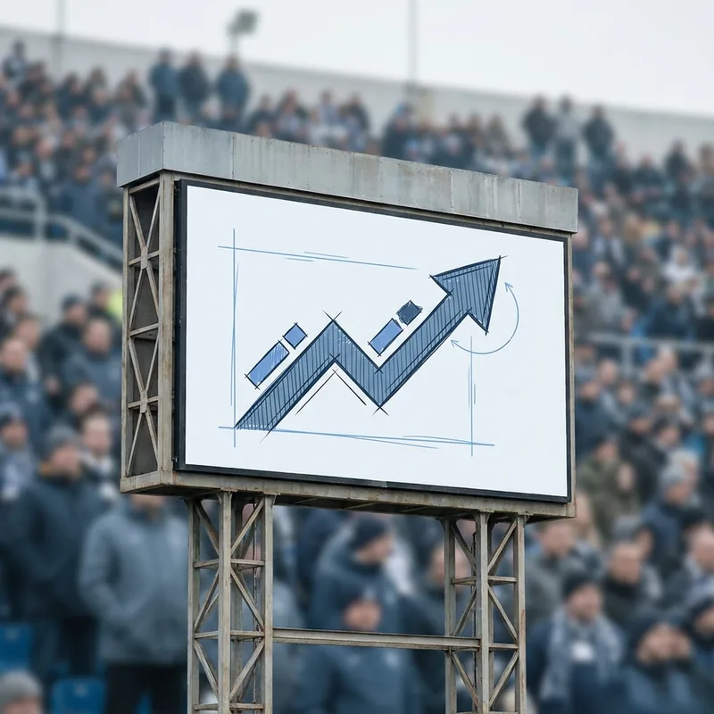 A stadium scoreboard showing a rising trend line above a crowd
