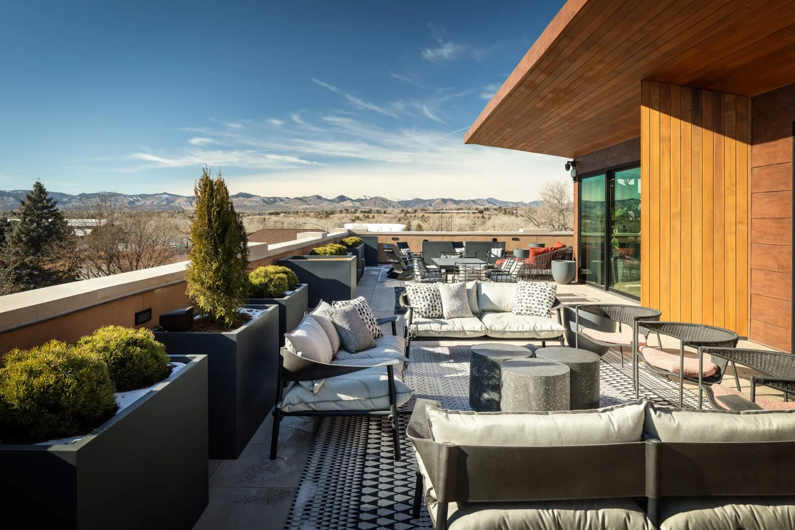 The rooftop terrace at Shift Workspaces in Littleton, Colorado, with mountain views